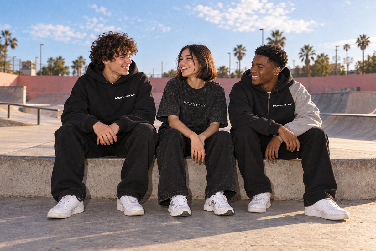 Three young adult friends in the small-wordmark hoodie, washed tee and color-block hoodie.