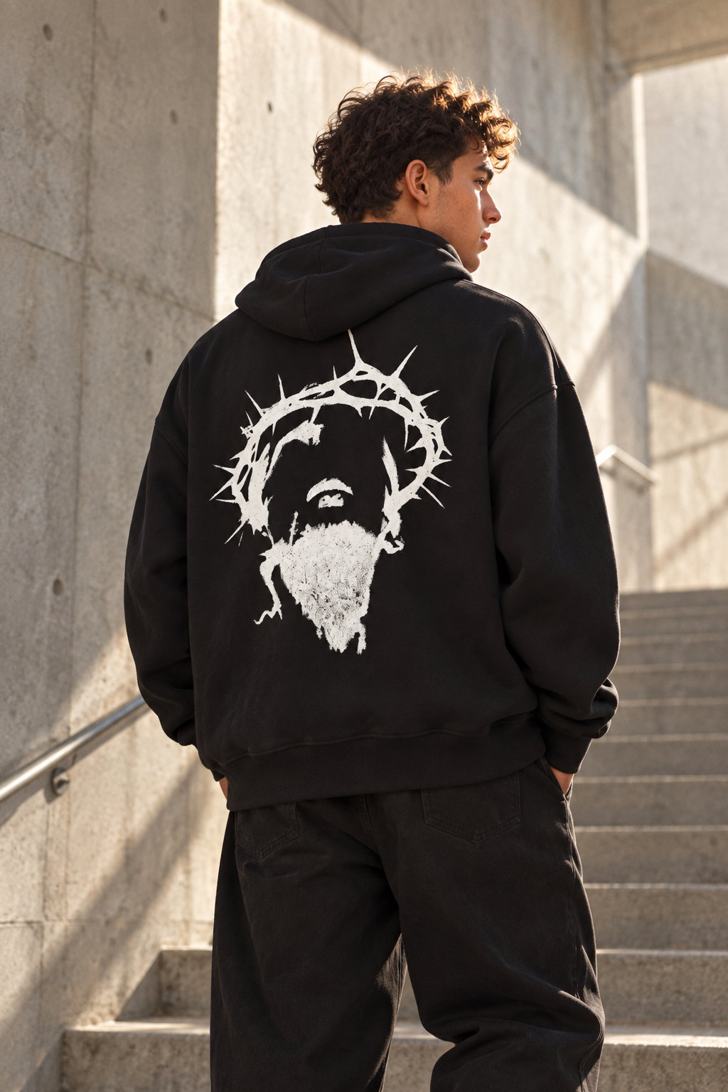Young adult wearing the crown-of-thorns back-print hoodie in a sunlit concrete stairwell.