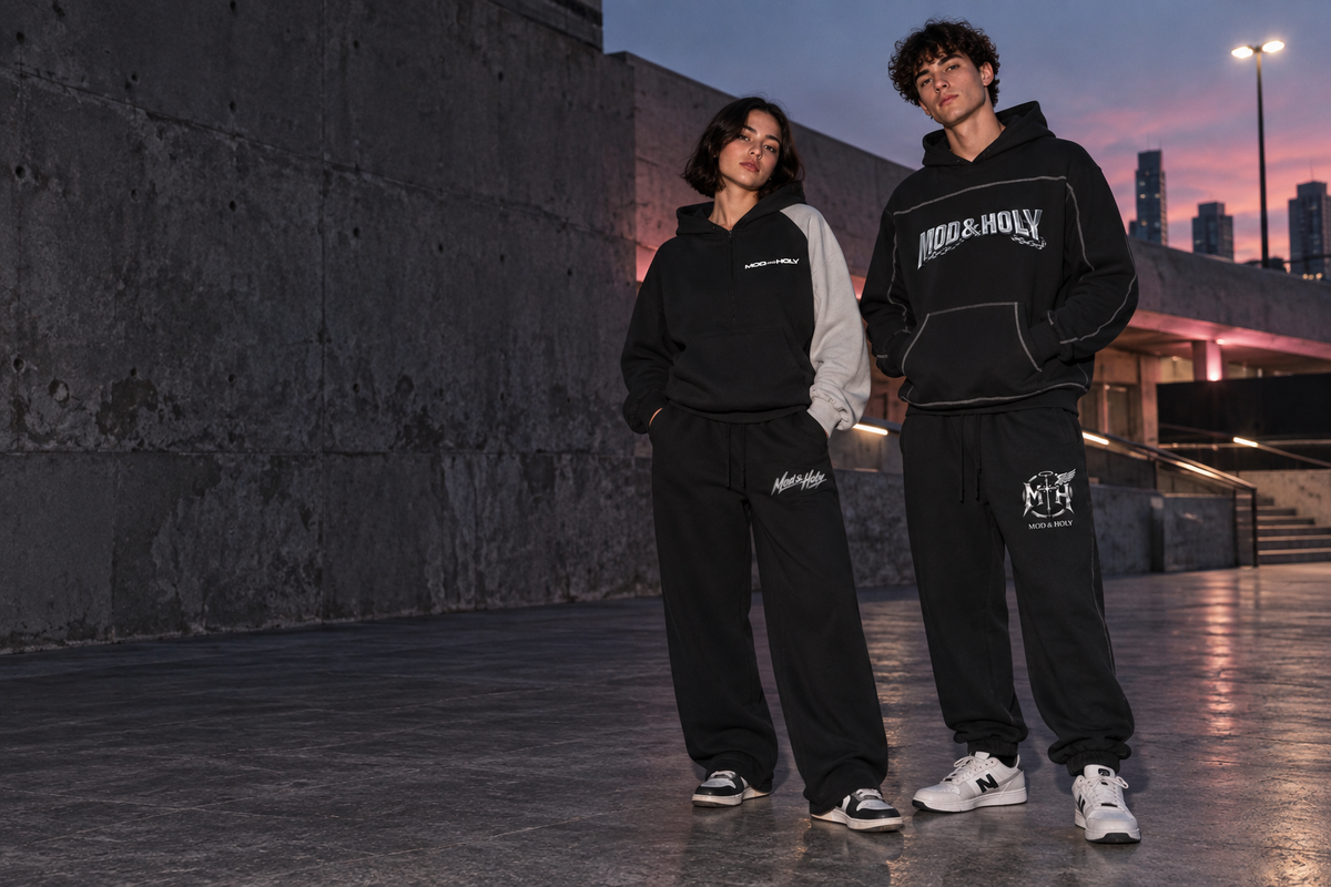 Two young adult models in the color-block and contrast-seam hoodies, script wide-leg pants and MH joggers.