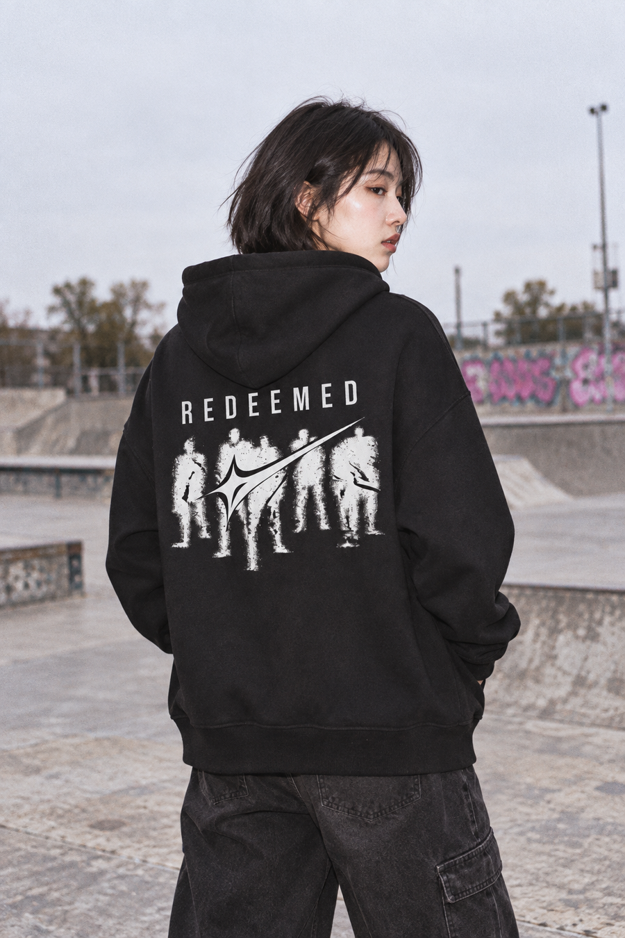 Young adult wearing the Redeemed zip hoodie, showing its white back graphic.