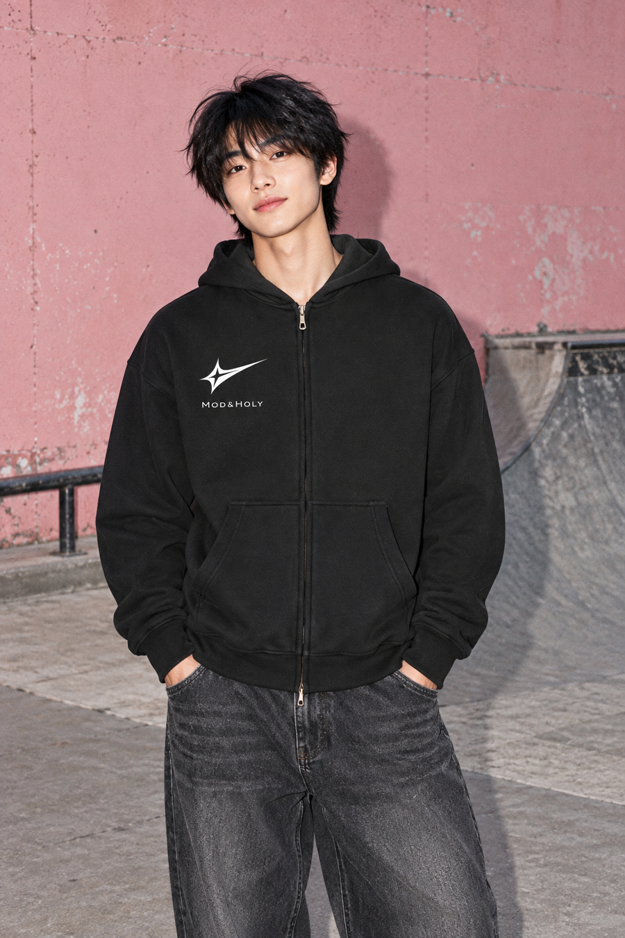 Young adult wearing the full-zip black hoodie with the white star chest emblem.
